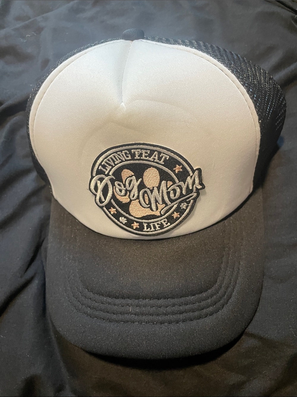 Dog Mom Life Emblem Trucker Hat - Black & White
